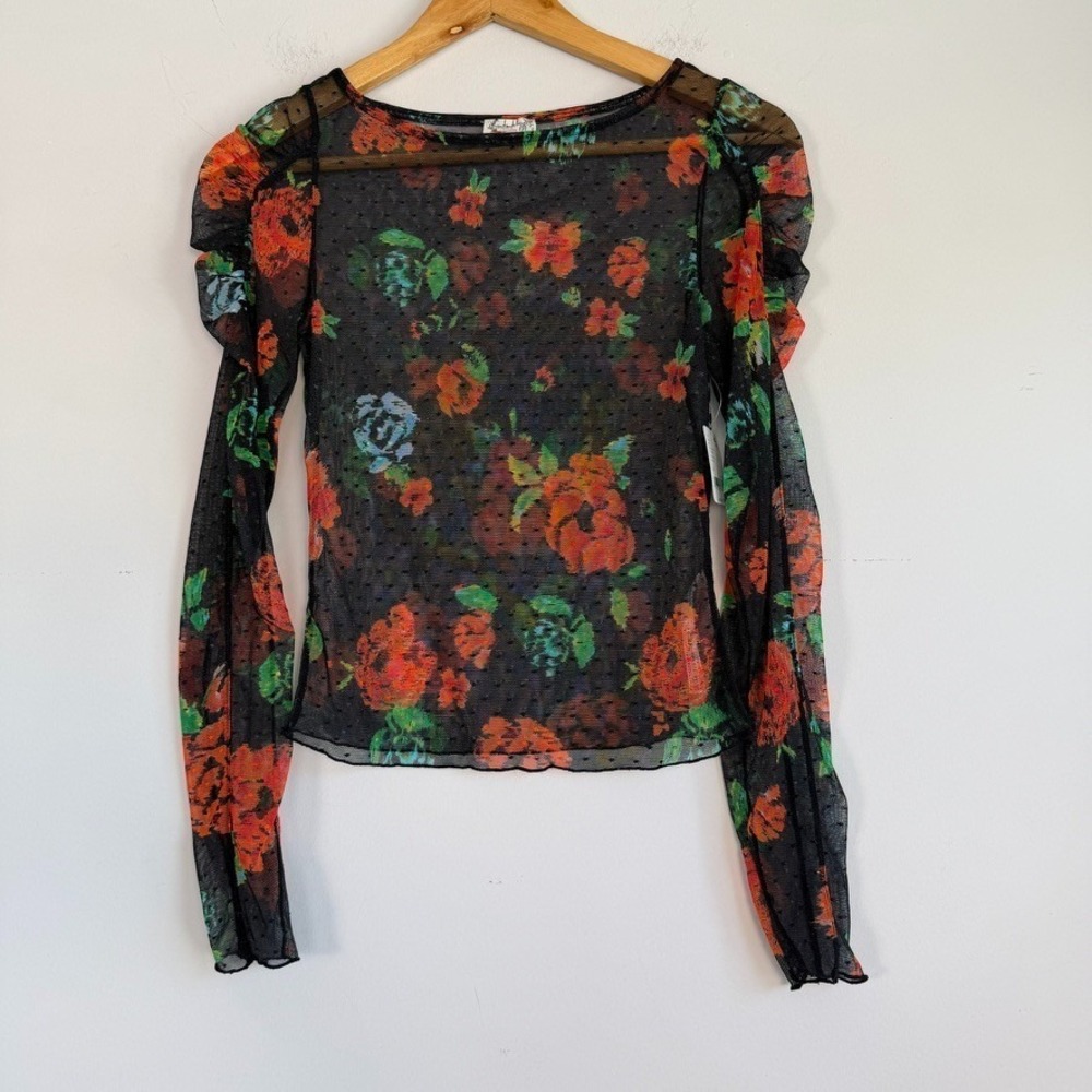 Free People Floral Sheer Mesh Top XS Layering Fairy Grunge Festival Stretch